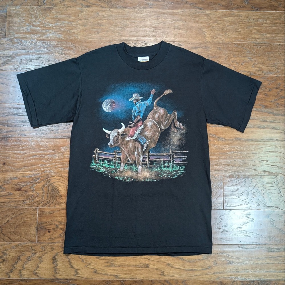 Vintage 90s Single Stitch Bull Riding T-Shirt Black Mens Large 21x29 Made in USA